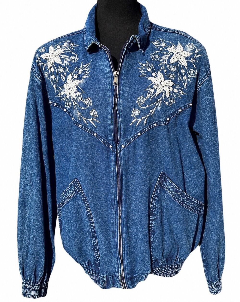 Vintage Beaded Embroidered Denim Bomber Jacket Western Pearl Zip Blue L Retro